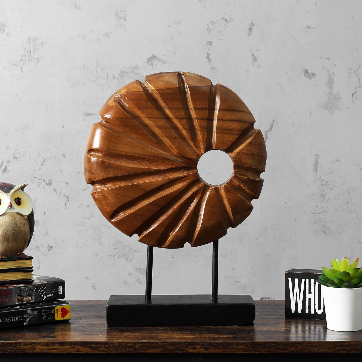 JOLLYMER Teak Sculpture Home Décor for Shelf Sculpture with Base Decoration for Living Room, Bedroom, Office 13.8"X9.8"X3.5"