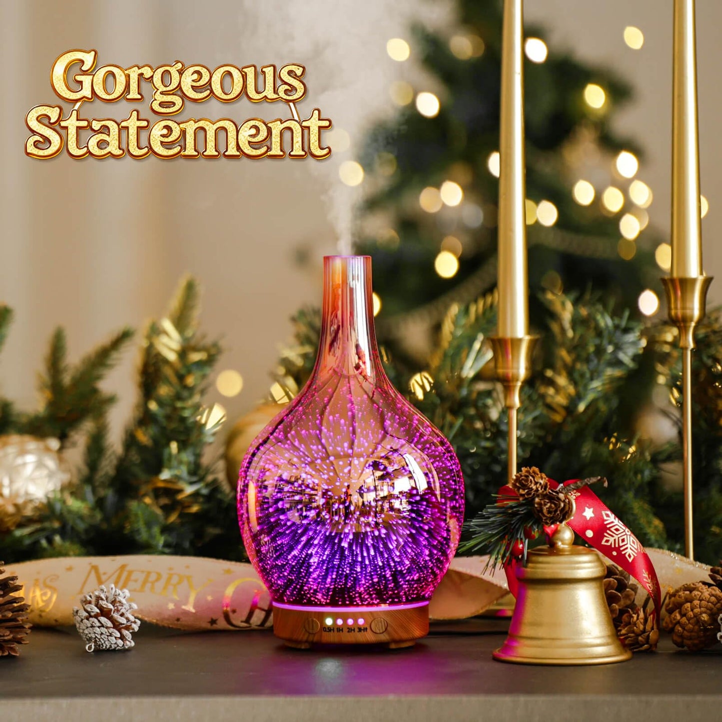 Porseme Rose Gold Essential Oil Diffuser 3D Glass Aromatherapy Ultrasonic Humidifier, Waterless Auto-Off, Timer Setting, BPA Free, Air Refresh for Home Hotel Yoga Leisure SPA Gift 150ml
