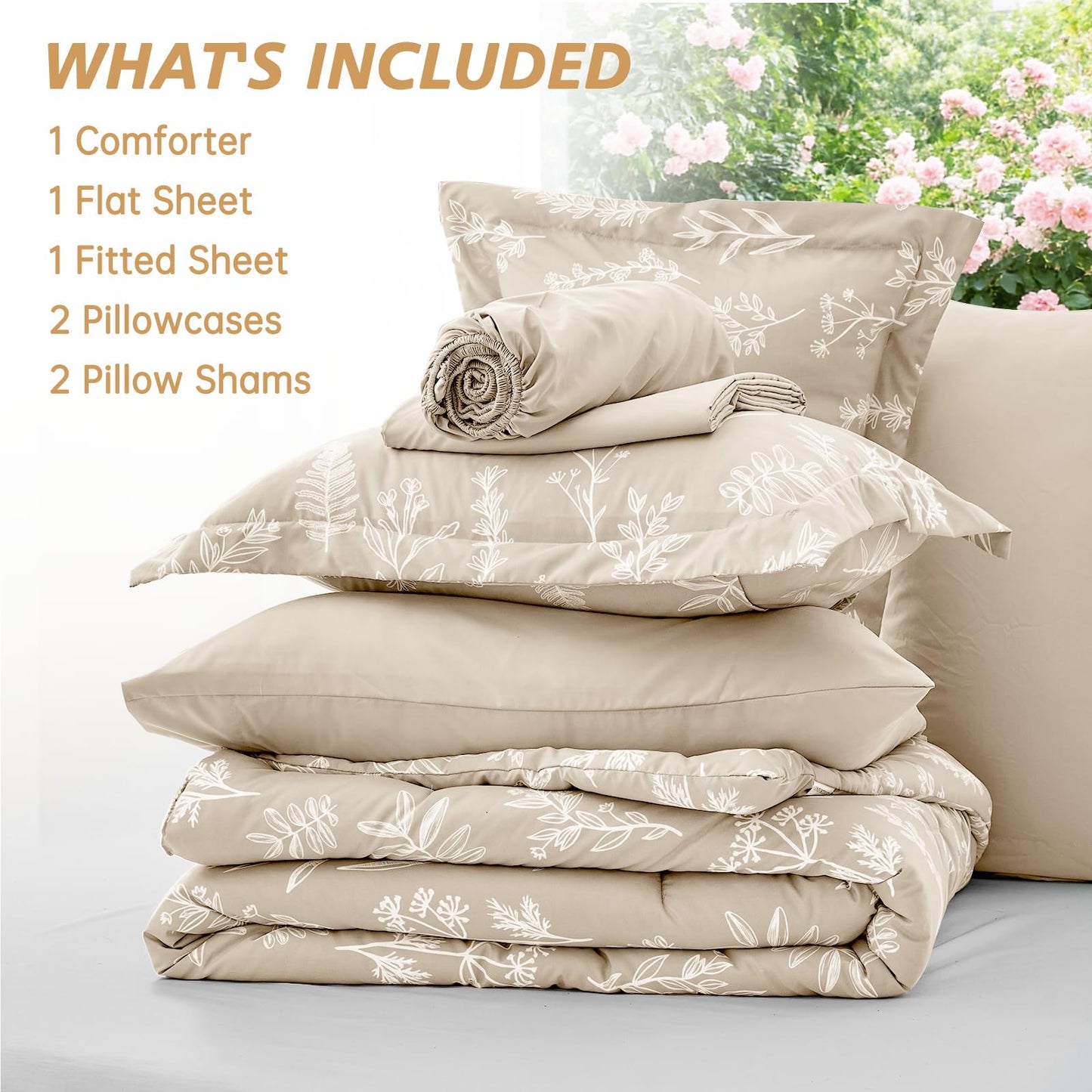 MUXHOMO Beige Bed in a Bag Queen 7 Pieces, Queen Comforter Set Reversible Botanical Flowers Design, Ultra Soft & Breathable Bedding Sets with Comforter, Sheets, Pillowcases & Shams