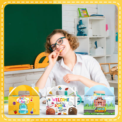 Dunzoom 24 Pcs Back to School Party Favor Boxes First Day of School Gift Goodie Candy Cookie Treat Boxes with Handles for Classroom New Semester Favors Party Supplies