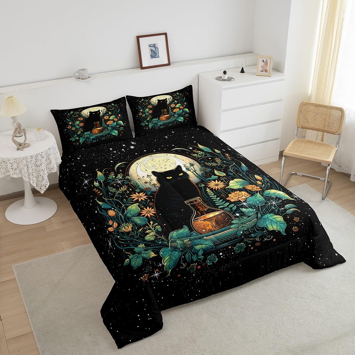Cute Cat Comforter Set Full Size,Flower Leaves Kids Bedding Set Moon Night Starry Sky Quilt Set for Girls Boys Teens Room Decor,Trippy Pet Animals Plant Duvet Insert,2 Pillowcases,Black