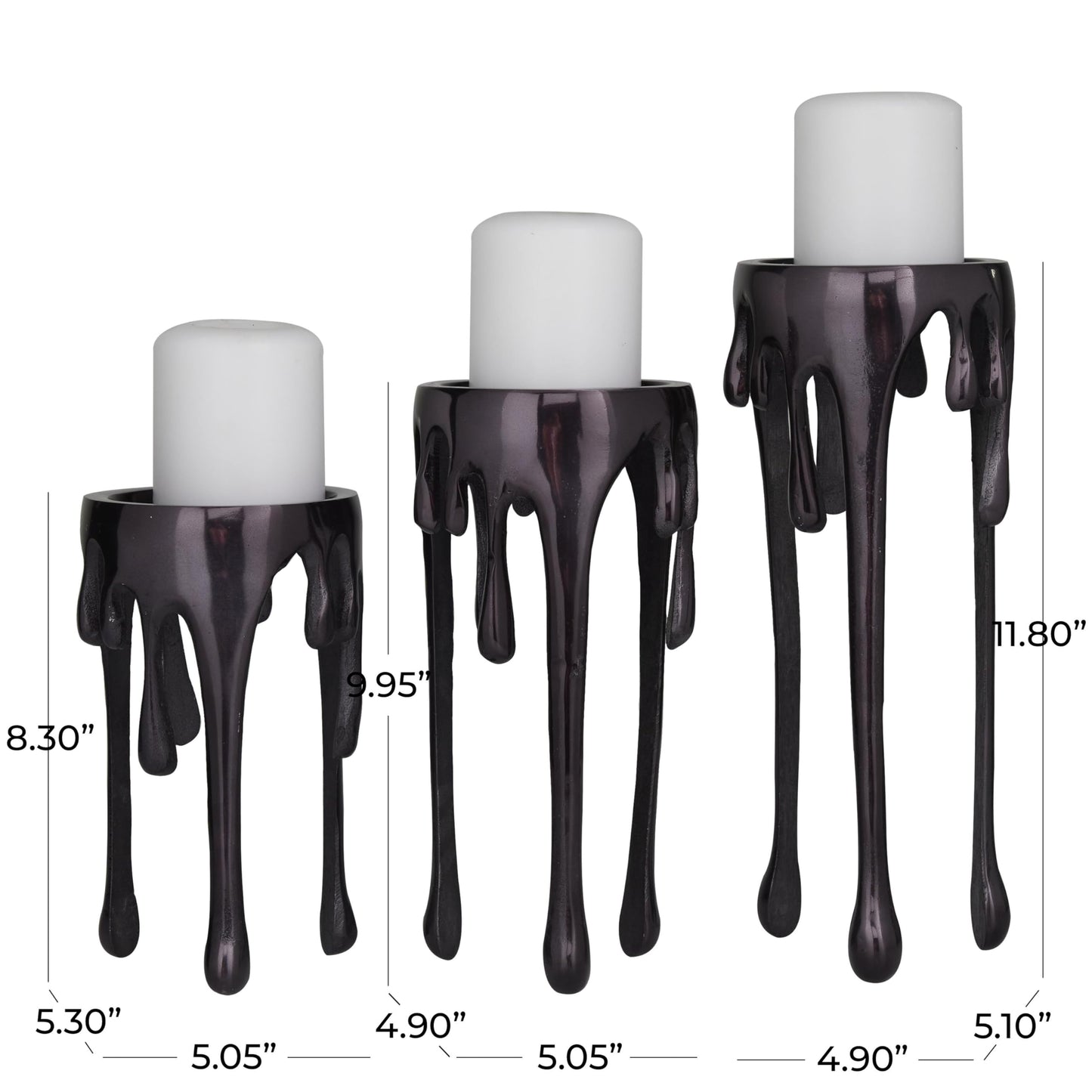 CosmoLiving by Cosmopolitan Aluminum Metal Decorative Candle Holder Pillar Candle Stand with Dripping Melting Designed Legs, Set of 3 Candlestick Holder 12", 10", 8"H, Black