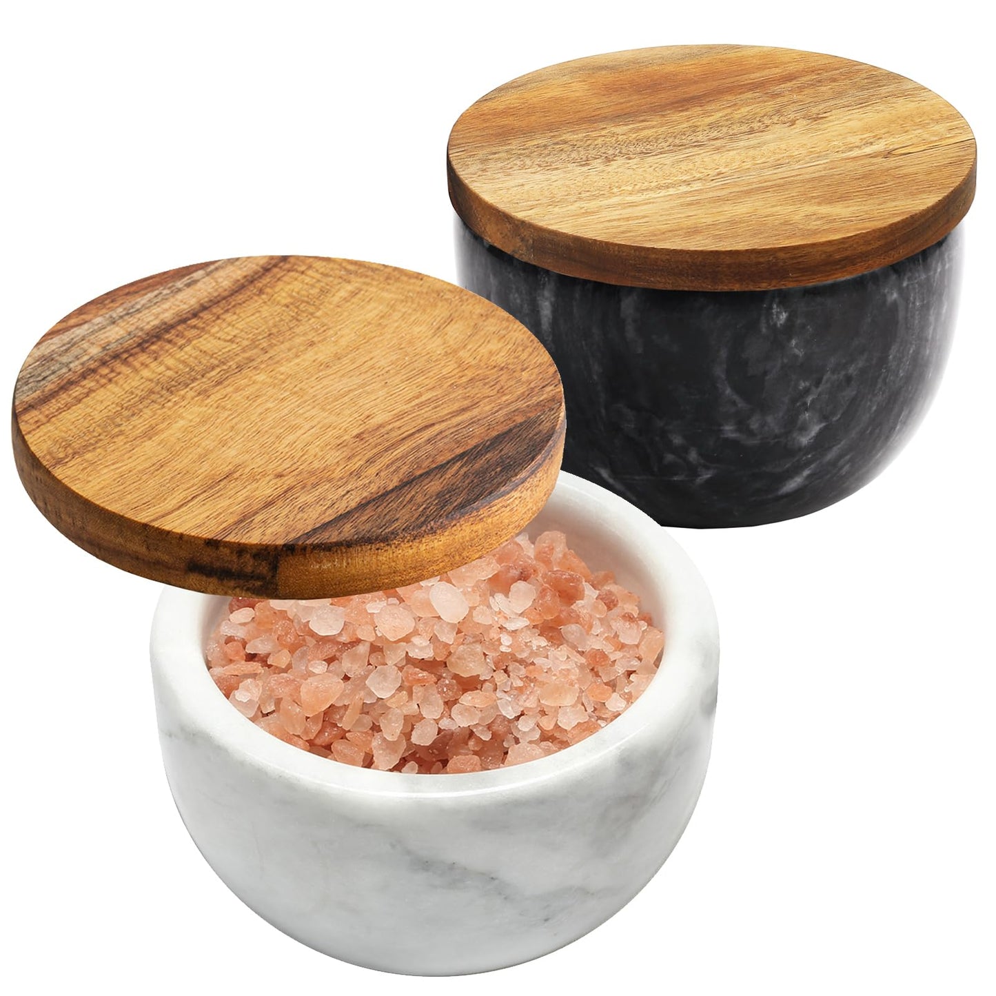 jalz jalz Marble Salt Cellar Pinch Pot - Heavy Non-Slip Salt Bowl with Acacia Wood Cover and Spoon - 10oz Capacity Spice Storage Natural Marble Salt Box with Sustainable Acacia Lid