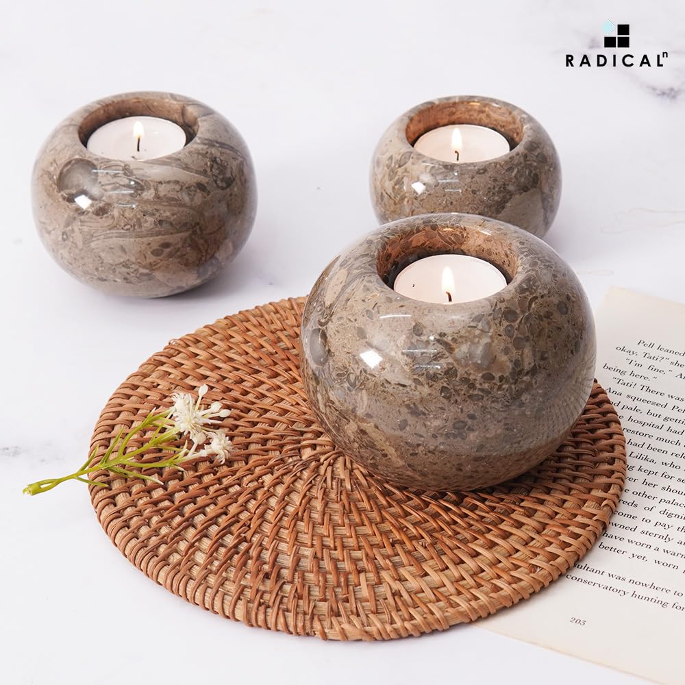 Radicaln Marble Tealight Candle Holder 4" Inch Oceanic Handmade Set of 3 Mini Candle Holders for Dining, Decorative Votive Candle Holder & Marble Taper Holder for Home Decor