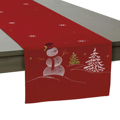 DII Embroidered Holiday Table Décor Collection Christmas Kitchen, Snowman Table Runner, 14x70, Red