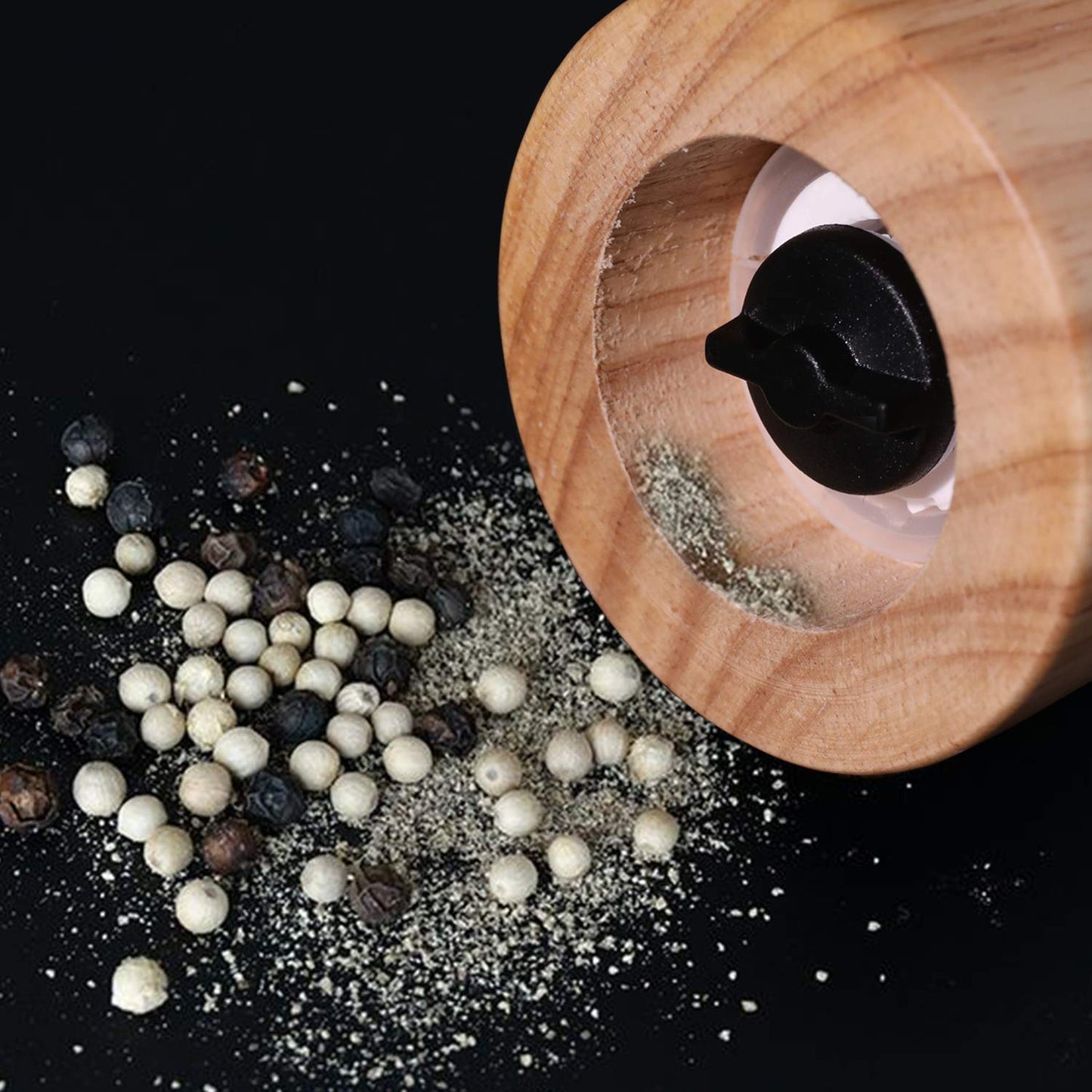HAIPUSEN Salt and Pepper Mill Set - Wood and Ceramic Pepper Grinder Spice Mill with Adjustable Coarseness, 17.5 cm (with Tray)