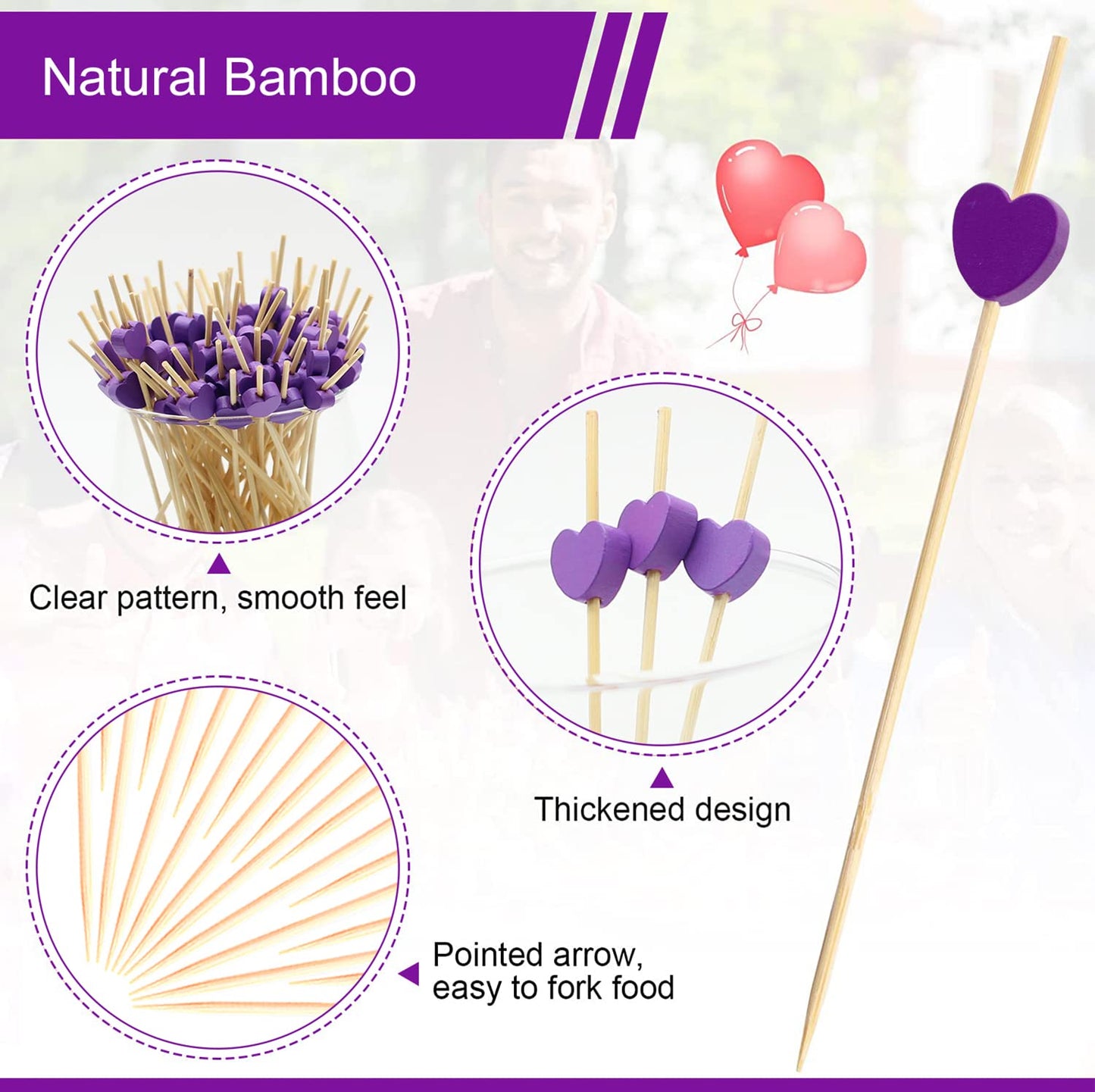 100pcs Red Heart Cocktail Picks 4.7" Long Fruit Sticks Food Toothpicks Sandwich Appetizer Charcuterie Skewers, Handmade of Bamboo Wood, for Birthday, Wedding, Valentines Day Decoration Party Supplies
