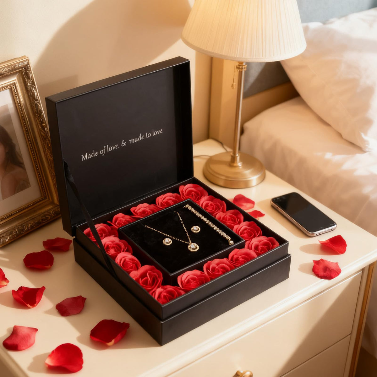 WDS WONDROUS Preserved Rose Jewelry Set for Women, 4-Piece Red Rose Gift Box with Necklace Earrings Bracelet, Valentines Day Anniversary Birthday Gift for Her Wife Girlfriend Mom