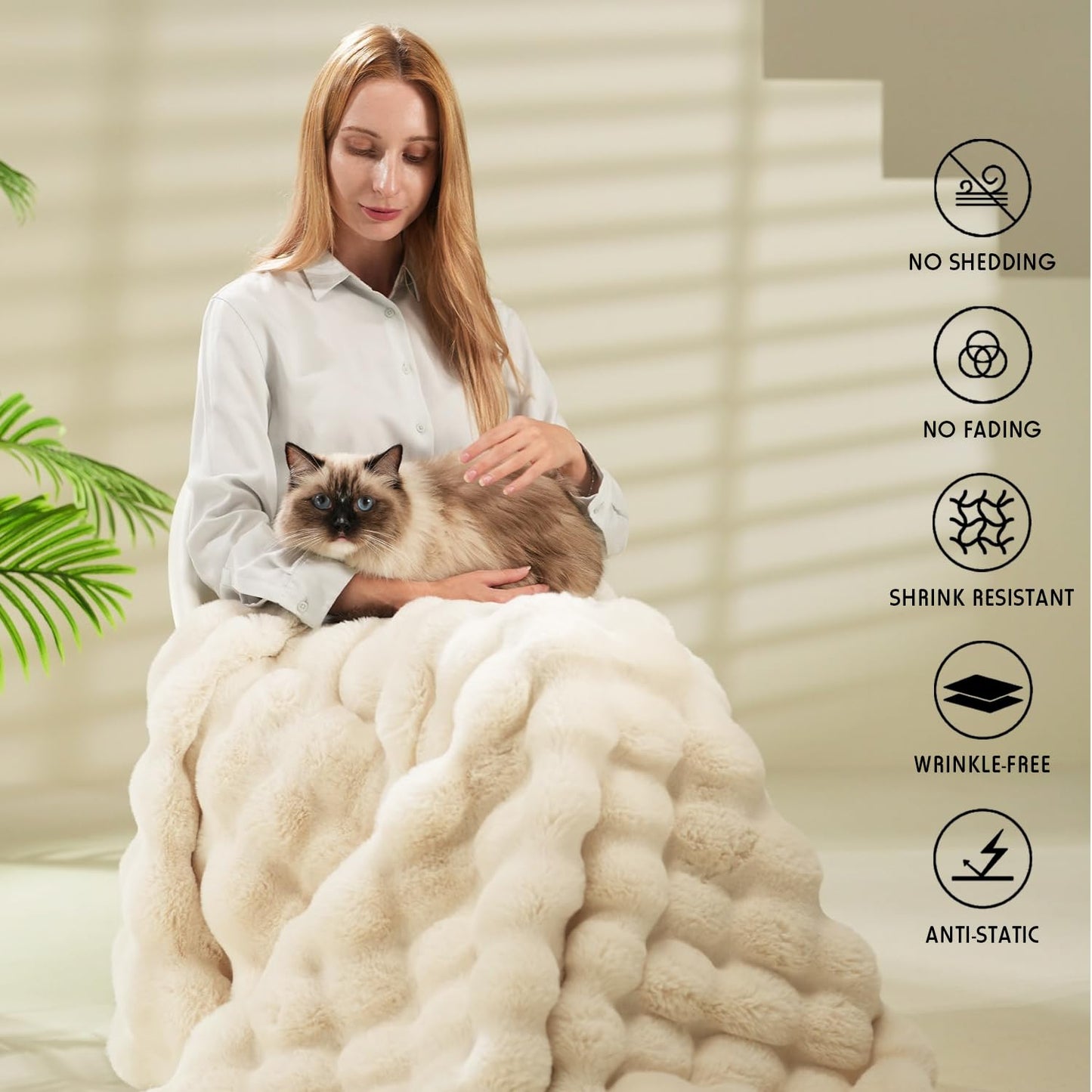 Super Comfort Oversized Warm Thick Bubble Luxury Plush Rabbit Faux Fur Throw Blanket, Fluffy Blanket,Soft Cozy Blanket for Couch Chair Bed Sofa Living Room (White, 50inX60in)