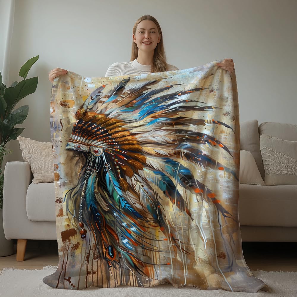 HUNXIAOJ Native American Throw Blanket Indian Print Blanket Indian Feather Headdress Pattern Native American Bedding Warm Soft Flannel for Bed Sofa Couch (50 in x 60 in)