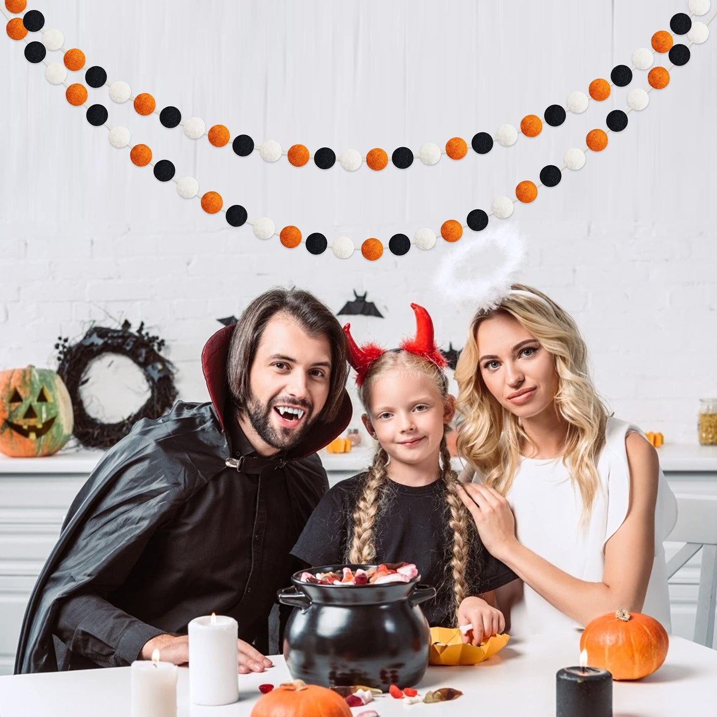 60 Balls Halloween Felt Ball Garlands - Halloween Decorations - Black Orange White Pom Pom Garlands for Home Tree Festive Indoor Outdoor Home Office Hanging Decor - 25mm