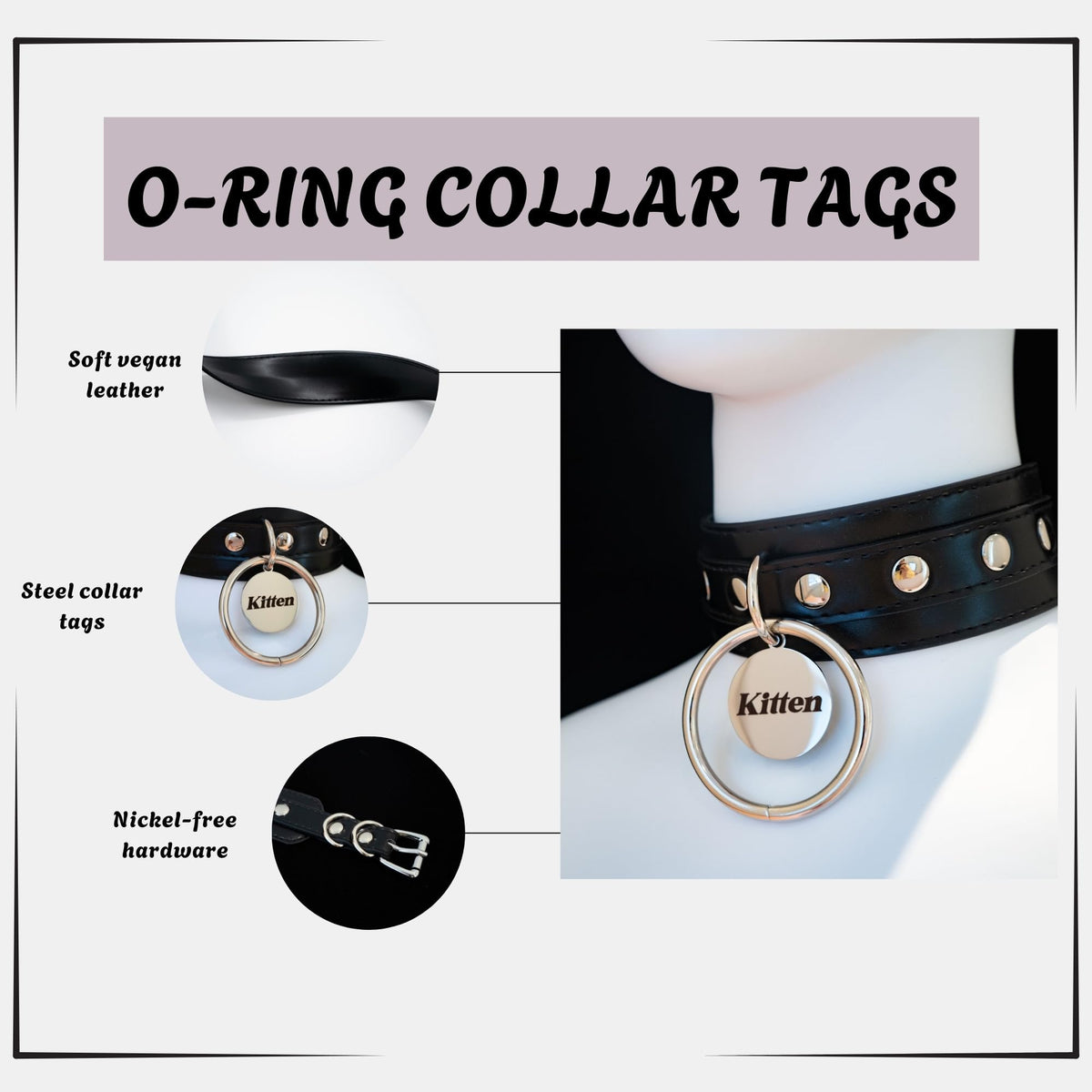 ADEMISHIA Black O-ring Leather Choker Collar for Women, Gothic Punk Style Adjustable Choker Necklace with Rivets and Engraved Letters Steel Tag