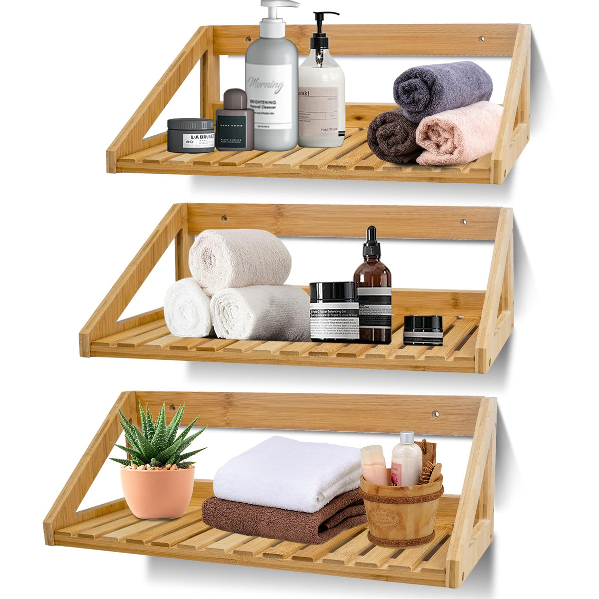 ONEHAUS Floating Shelves Wall Mounted, 3 Pcs Solid Bamboo Wall Hanging Rack Holder, Wall Storage Shelves for Bedroom, Living Room, Bathroom, Kitchen, Office Decor