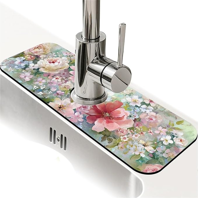 Kitchen Sink Splash Guard，soft-watercolor floral Faucet Mat Sink Gadgets-Super