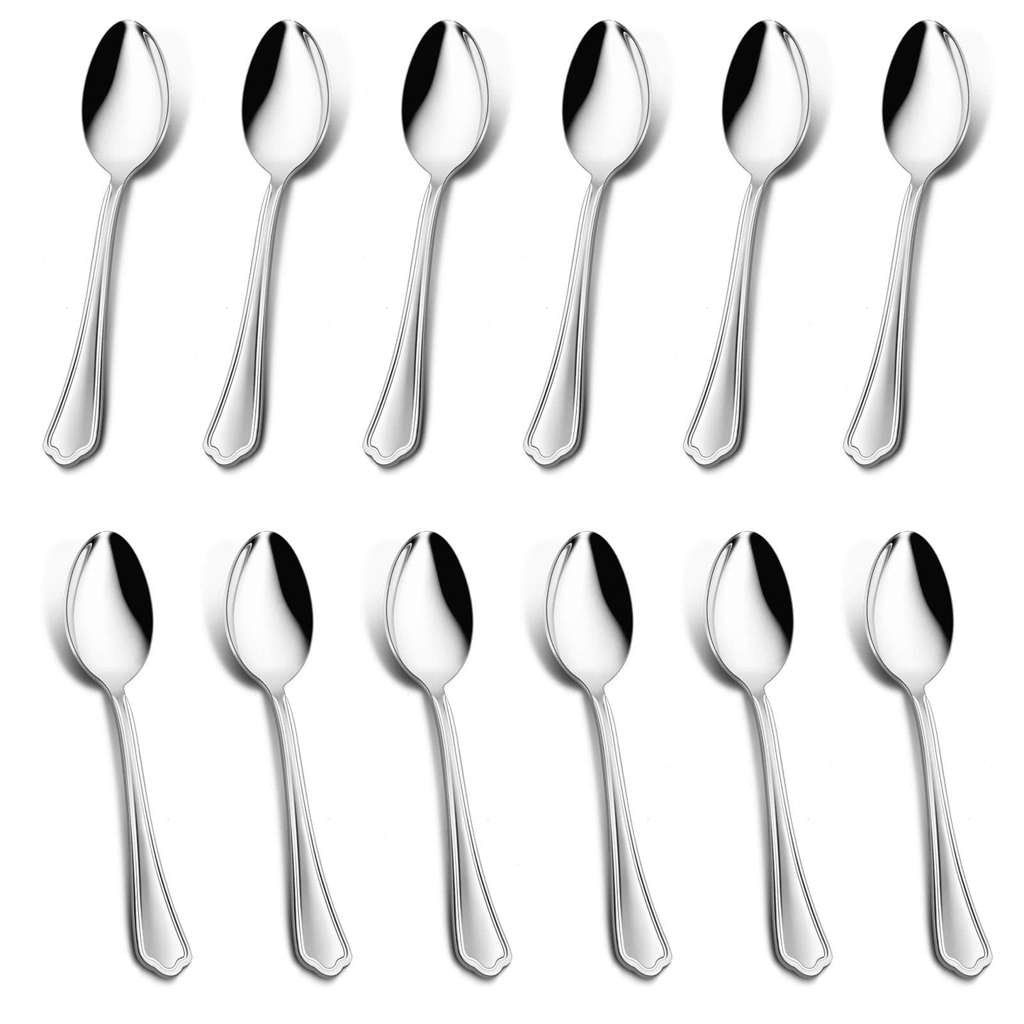 Teaspoon Set of 12, E-far 6.7 Inch Stainless Steel Spoons for Kitchen or Restaurant, Non-toxic & Mirror Polished, Scalloped Edge & Dishwasher Safe