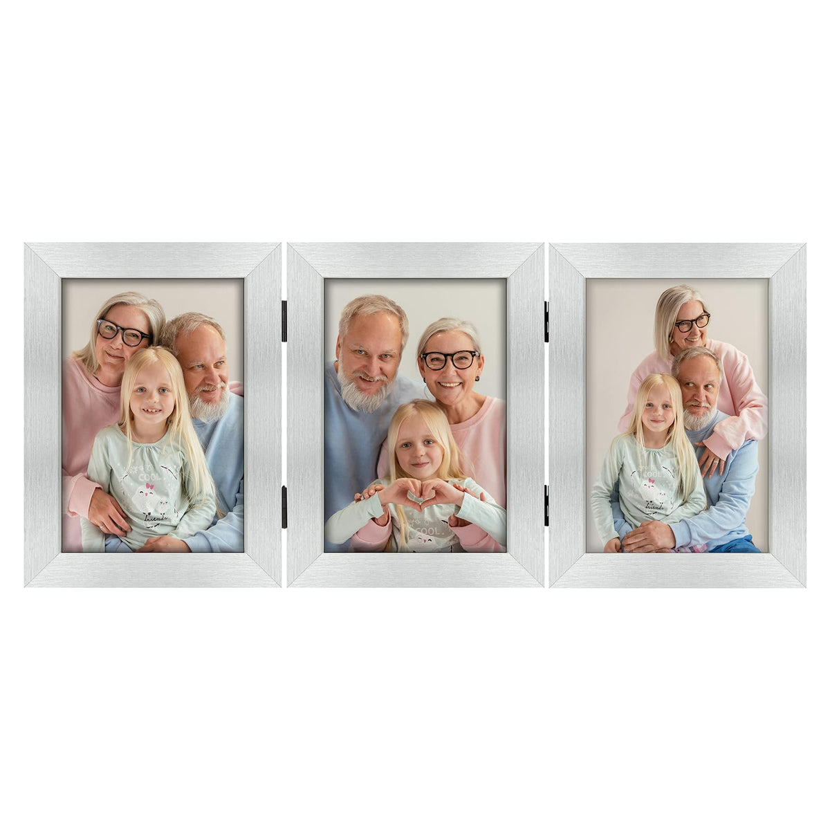 Frametory, 5x7 Triple Picture Frames 3 Photo Frames Collage - Real Glass - Engineered Wood Triple Folding Frame - Tabletop Vertical Display (Silver, 1 Pack)