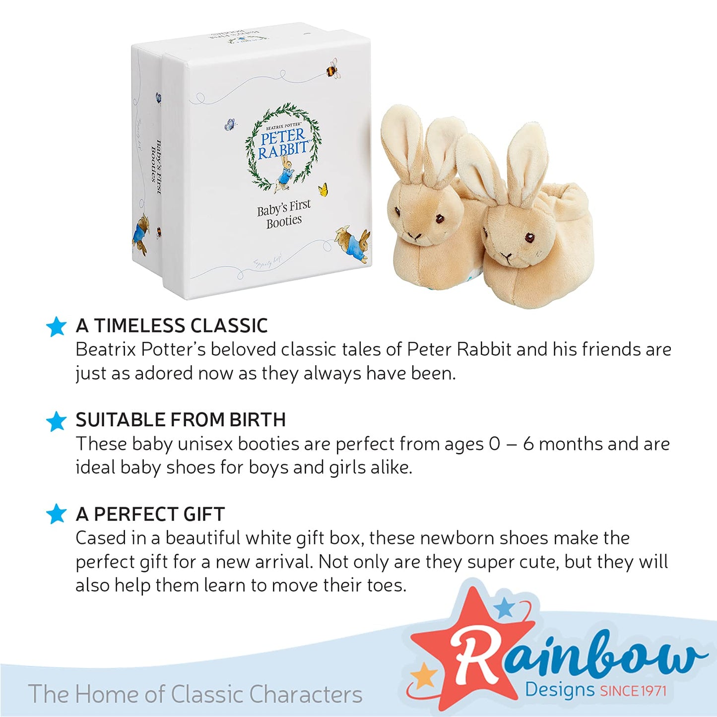 Official Peter Rabbit Baby Booties - Newborn Crib Shoes for Boys and Girls - Unisex Baby Slippers by Rainbow Designs