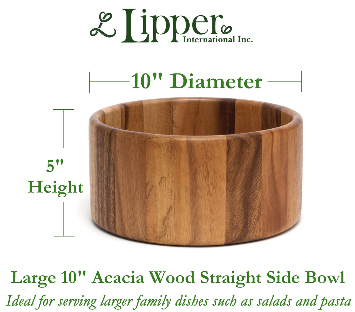 Lipper International Acacia Straight-Side Serving Bowl for Fruits or Salads, Large, 10" Diameter x 5" Height, Single Bowl