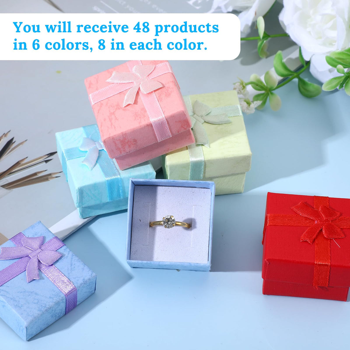 Ubamdom 48 Pcs Jewelry Gift Boxes 1.6 x 1.6 In Jewelry Box Gift Cases Cotton Filled Cardboard Paper Box Bracelets Bangle Necklace Gift Case with Ribbon Bow for Valentine’s Moments, 6 Colors