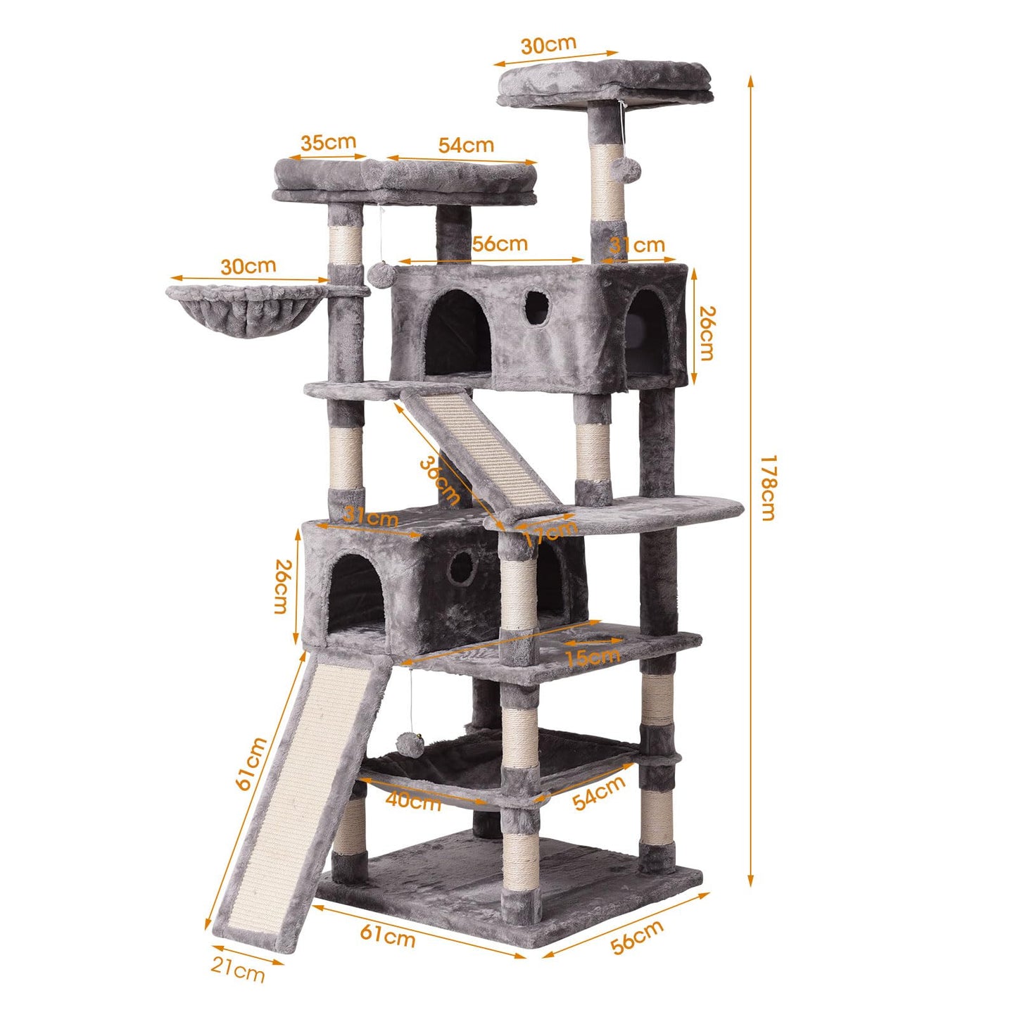 JISSBON Cat Tree Tower 178cm, Multi-Level Cat Scratching Post with Condos, Ladders, Basket, Hammock & Plush Perches for Kittens, Large Cats, Light Grey