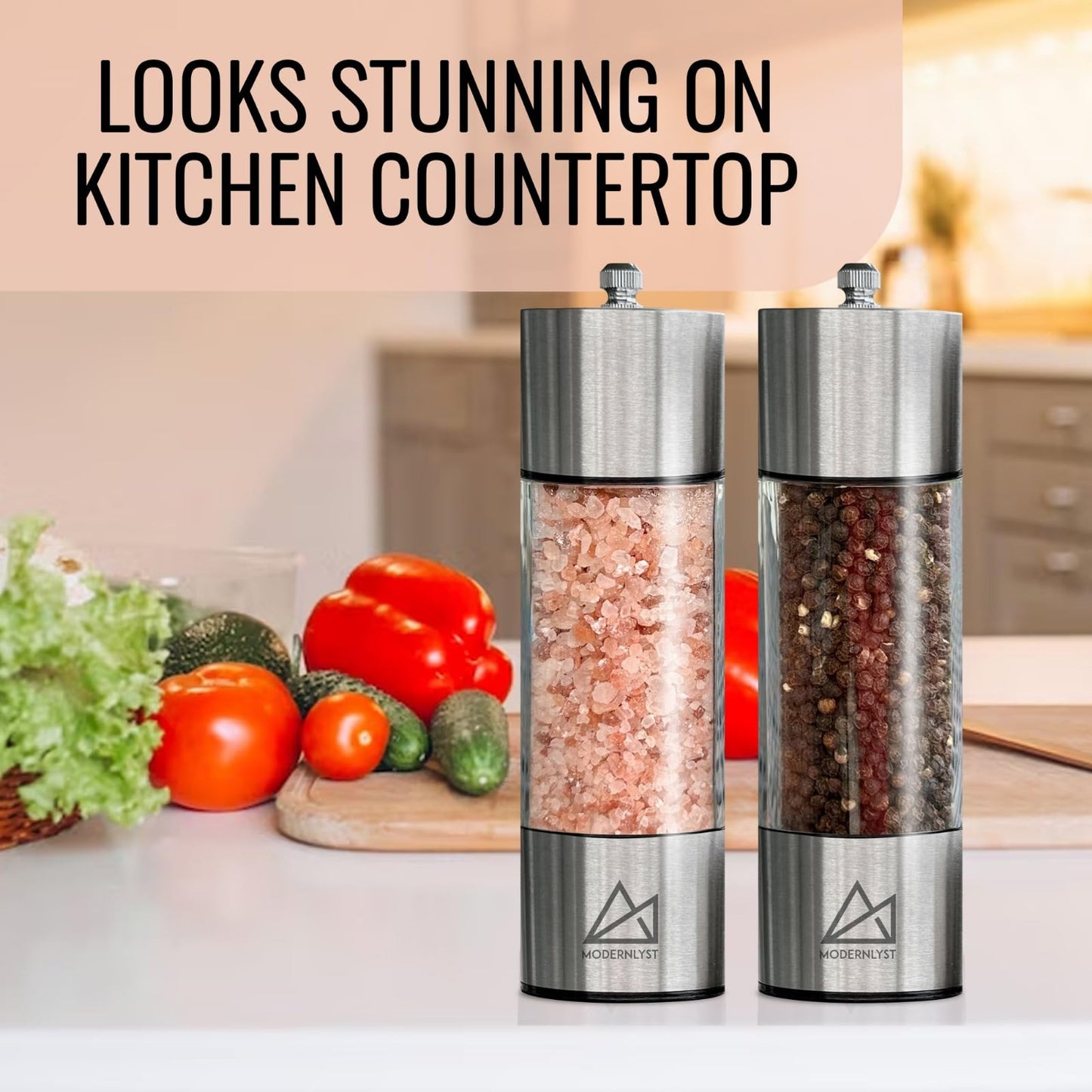 MODERNLYST Salt and Pepper Grinder Set Manual 2 Pack | Large Round Salt and Pepper Shakers Set | 7.5 inch Stainless Steel Salt Grinder Refillable | Manual Pepper Grinder (Stainless Steel)