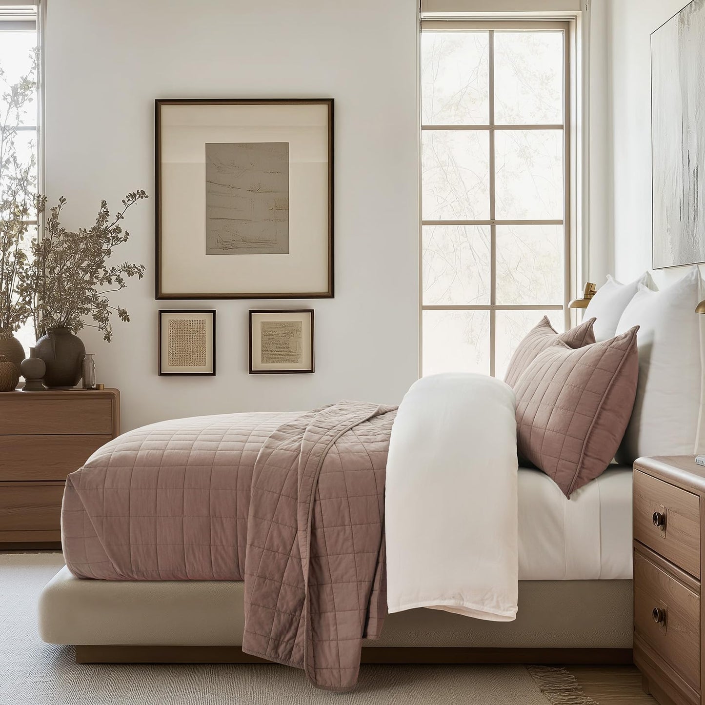 EVERGRACEHOME 100% Cotton Box Stitch Quilt Bedding Set King Size 3 Pieces, Garment-Washed Lightweight Soft Cozy Coverlet, Oversized Quilted Bedspread Sets with 2 Shams for All Season, Clay