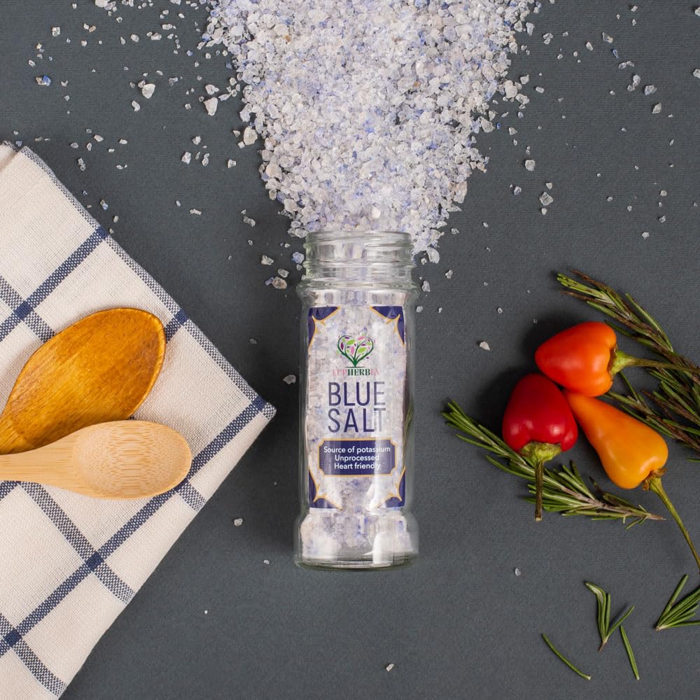 EUPHERBIA Blue Salt, Coarse, Rare Mineral Salt, High Potassium, Lower Sodium, Natural, Unprocessed, Hand Harvested, Kosher Certified (100g with Grinder)