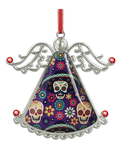XUTAI Angel Christmas Tree Ornaments Sugar Skulls Flowers on Dark Glass Hanging Angel Glass Pendant for Holiday Decoration
