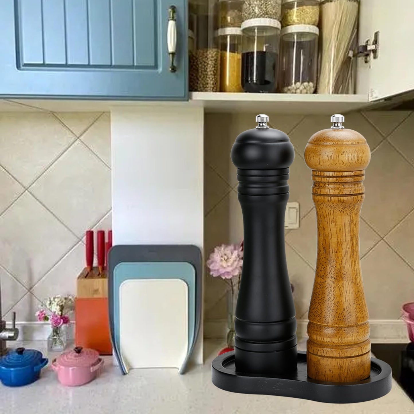 BINHAI Black Salt and Pepper Mill Tray, Pepper Grinder Wood Rest, Work Surface and Dining Table Protector (Pepper mill not included)