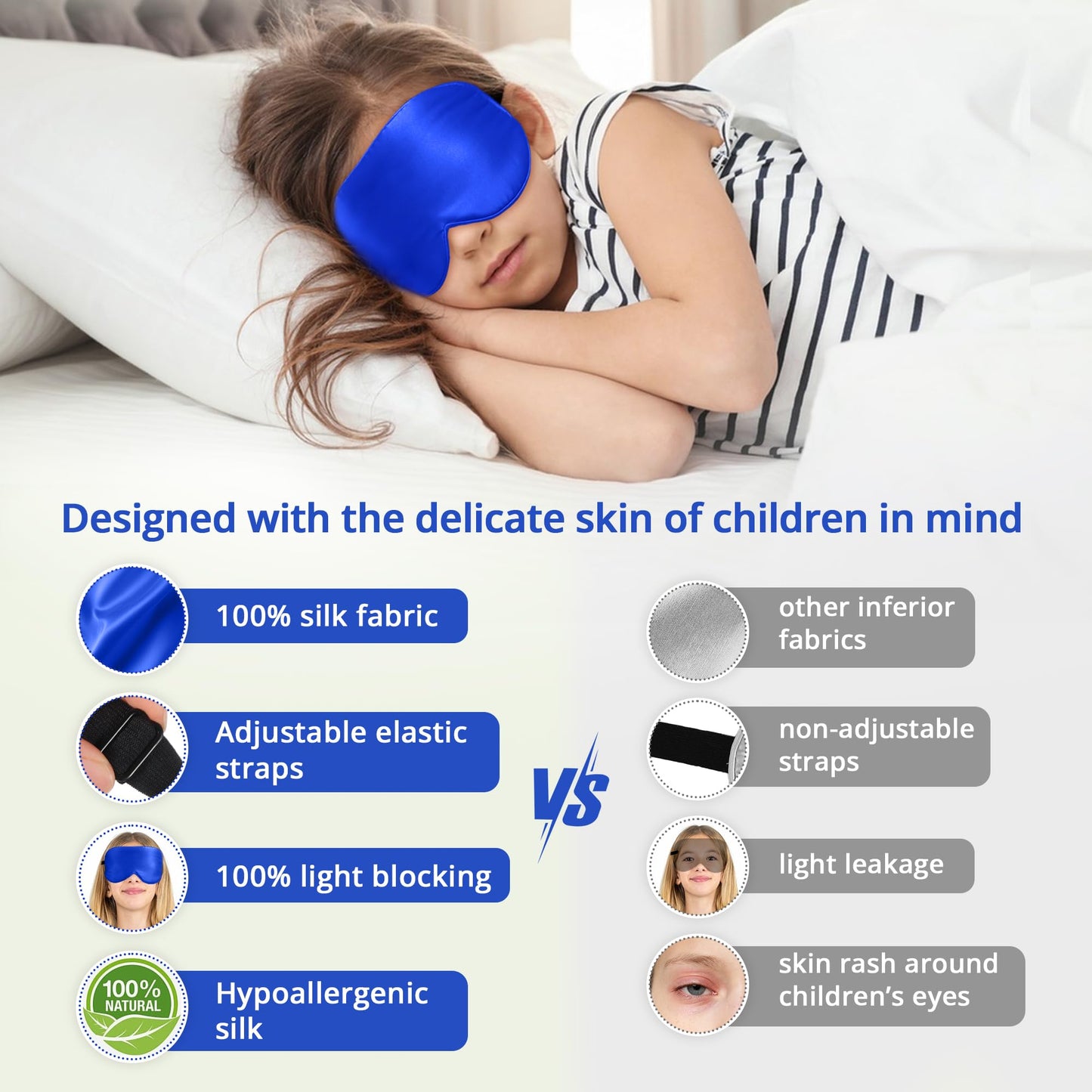 Kids Sleep Mask Eye Cover, 100% Real Natural Pure Silk Eye Mask with Adjustable Strap, Blindfold Kids Eye Mask for Sleeping, Eye Shade for Boys Girls and Adult, Pressure-Free Comfort (Black)