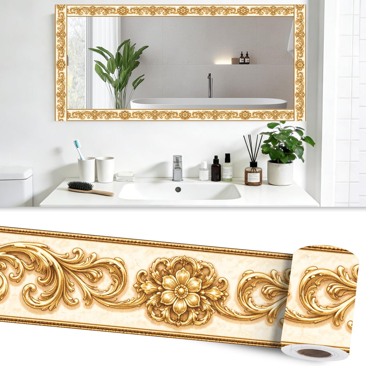 Nuxovilar Wallpaper Border Peel and Stick 3.94x16.4Ft PVC Removable Self-Adhesive Bathroom Kitchen Living Room (Gold Baroque Floral Scroll Pattern)