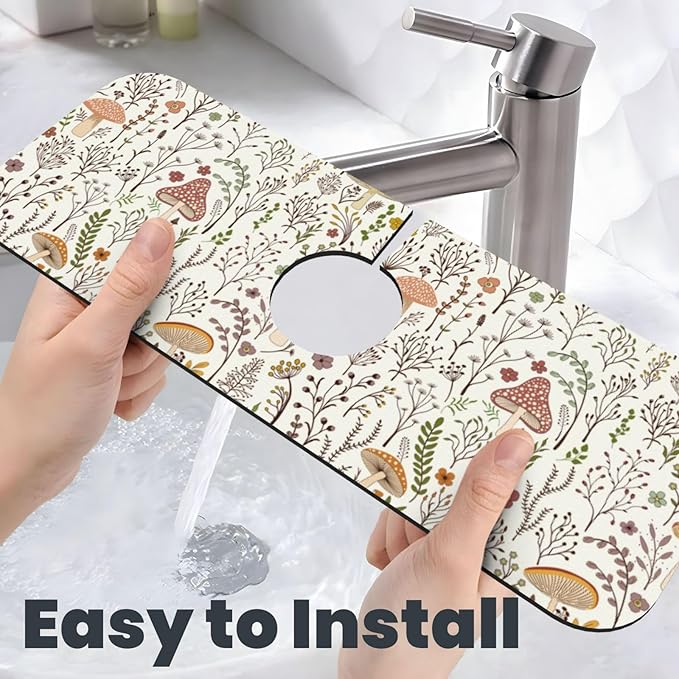 Cute Mushroom Wild Plant Kitchen Sink Splash Guard Faucet Mat 1 Pcs, Absorbent