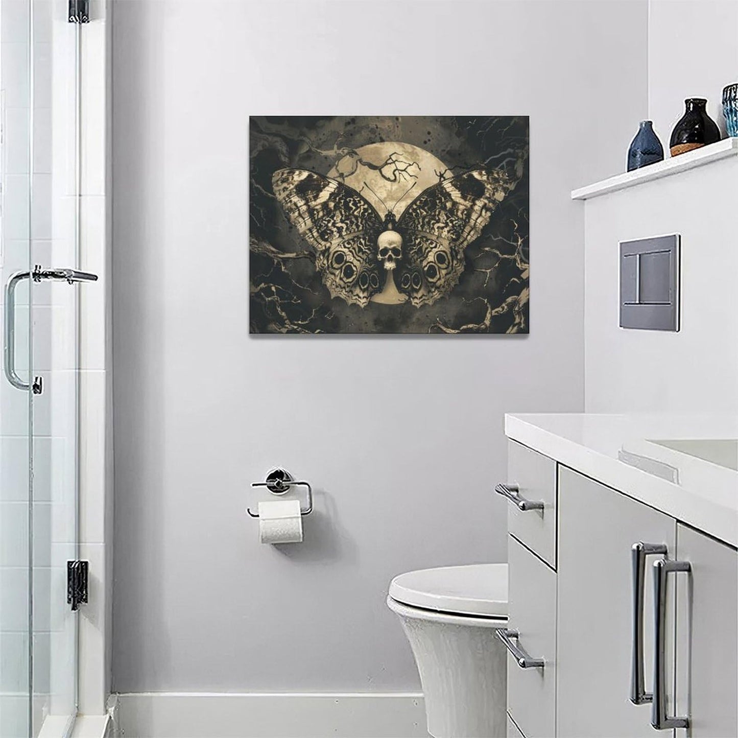 xiilo Gothic Skull Wall Art Spooky Skeleton Butterfly Pictures Decor Goth Moon Horror Canvas Painting Home Artwork Decorations for Halloween Bathroom Living Room Bedroom 16x12 inch