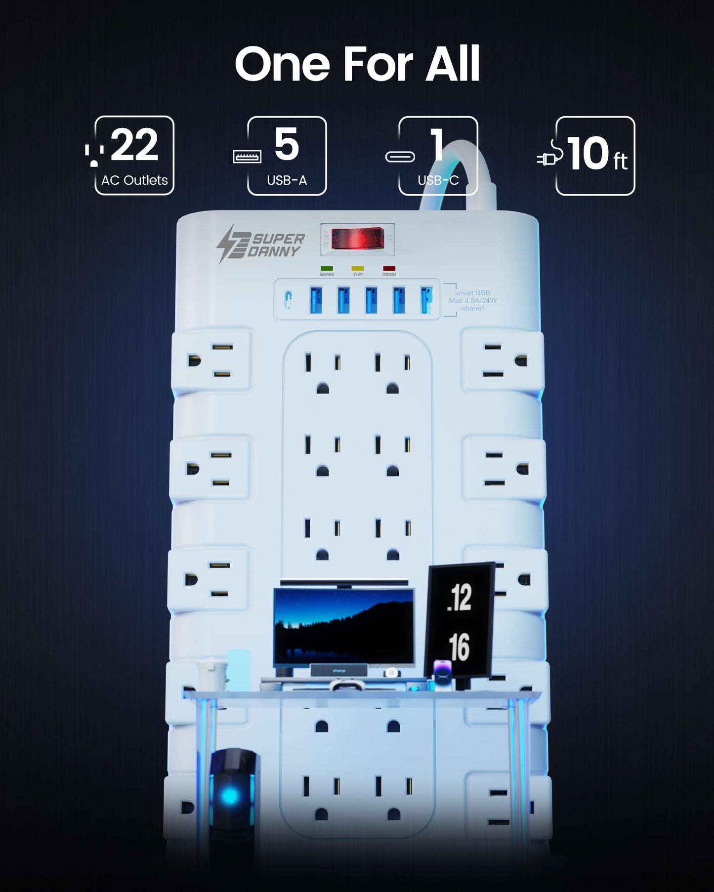 Power Strip, SUPERDANNY Surge Protector with 22 AC Outlets and 6 USB Charging Ports, 1875W/15A, 2100 Joules, 6.5Ft Flat Plug Heavy Duty Extension Cord for Home, Office, Dorm, Gaming Room, Black