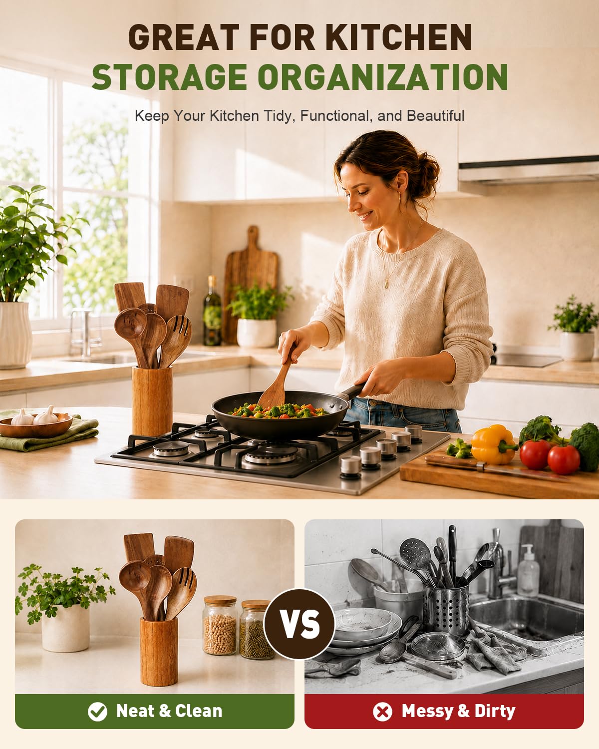 Noarsen 7 PCS Natural Solid Teak Wooden Kitchen Utensil Set with Holder