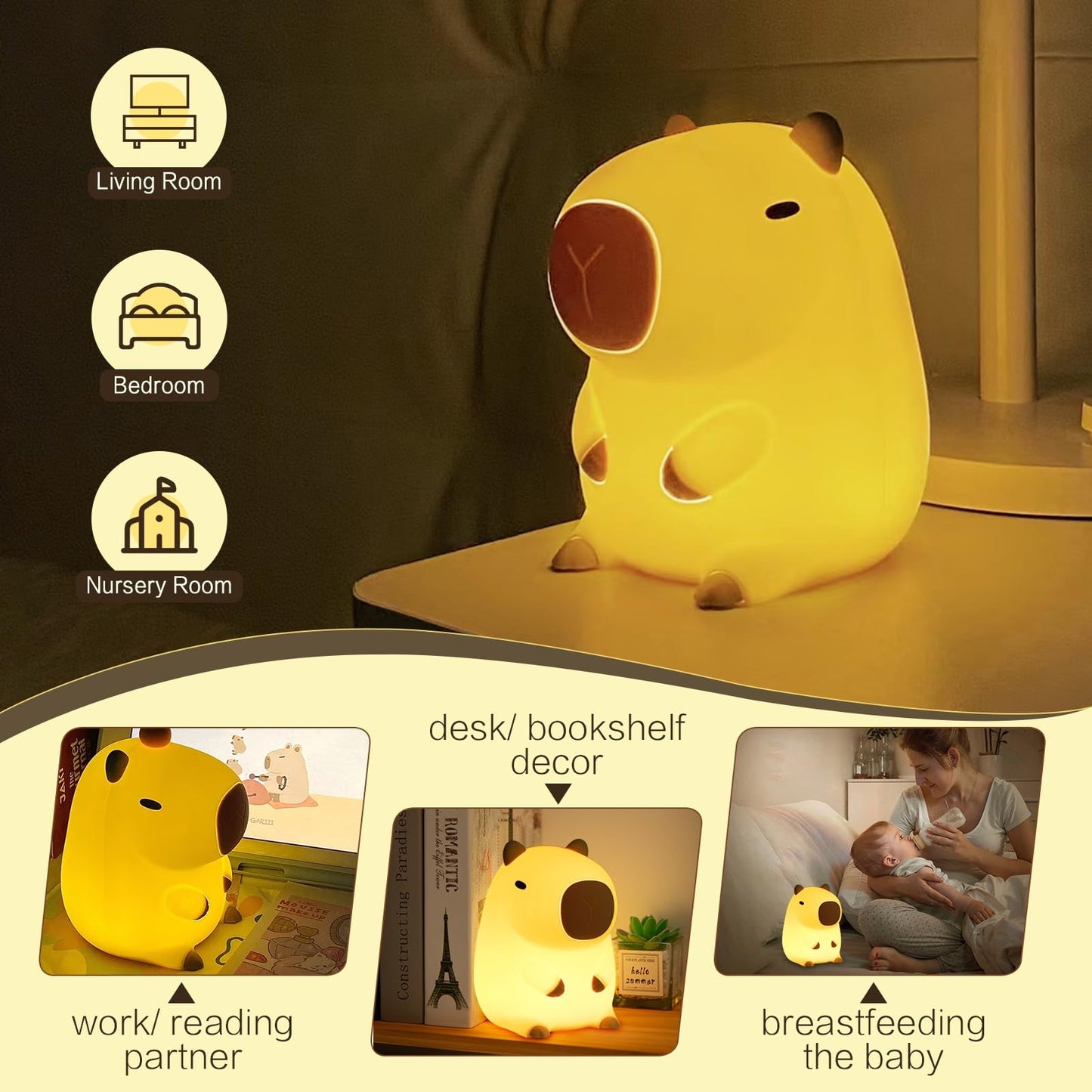 YR YRHH-PET Capybara Cute Night Light, Squishy Capybara Lamp Novelty Gifts Toys, Rechargeable Dimmable Silicone LED Nightlight For Kids, Funny Light Up Capibara, Baby Nursery College Dorm Kawaii Décor