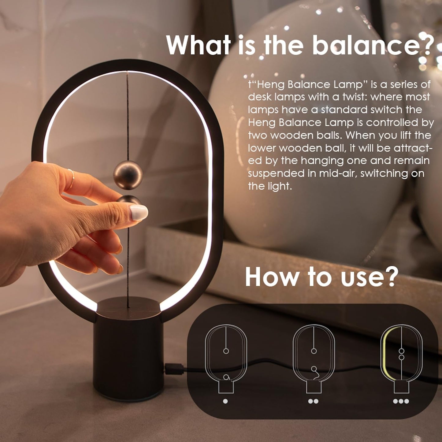 Allocacoc Heng Balance lamp, DesignNest, Switch on in mid-air, USB Powered LED Table LED lamp, Magnetic Desk Light, Warm Eye-Care, Contemporary, Office, Home, Decor, Gift (Mini Dark Grey)