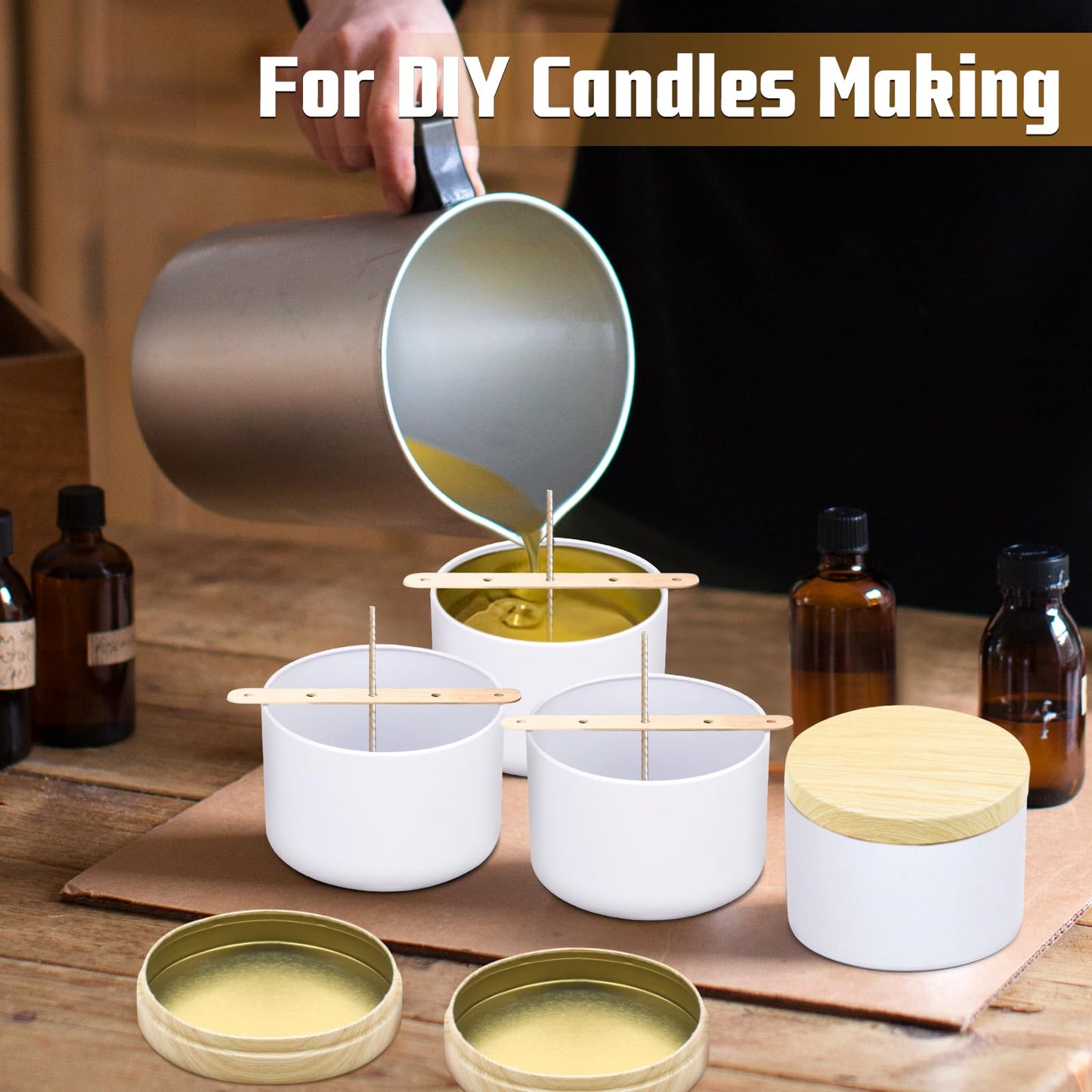 YJHSS 24-Pack 4oz Candle Tins with Wood-Grain Printing Lids, Metal Candle Jars for Candle Making, Empty Containers Vessels Bulk for Small Business & Beginners DIY Storage -Wood White