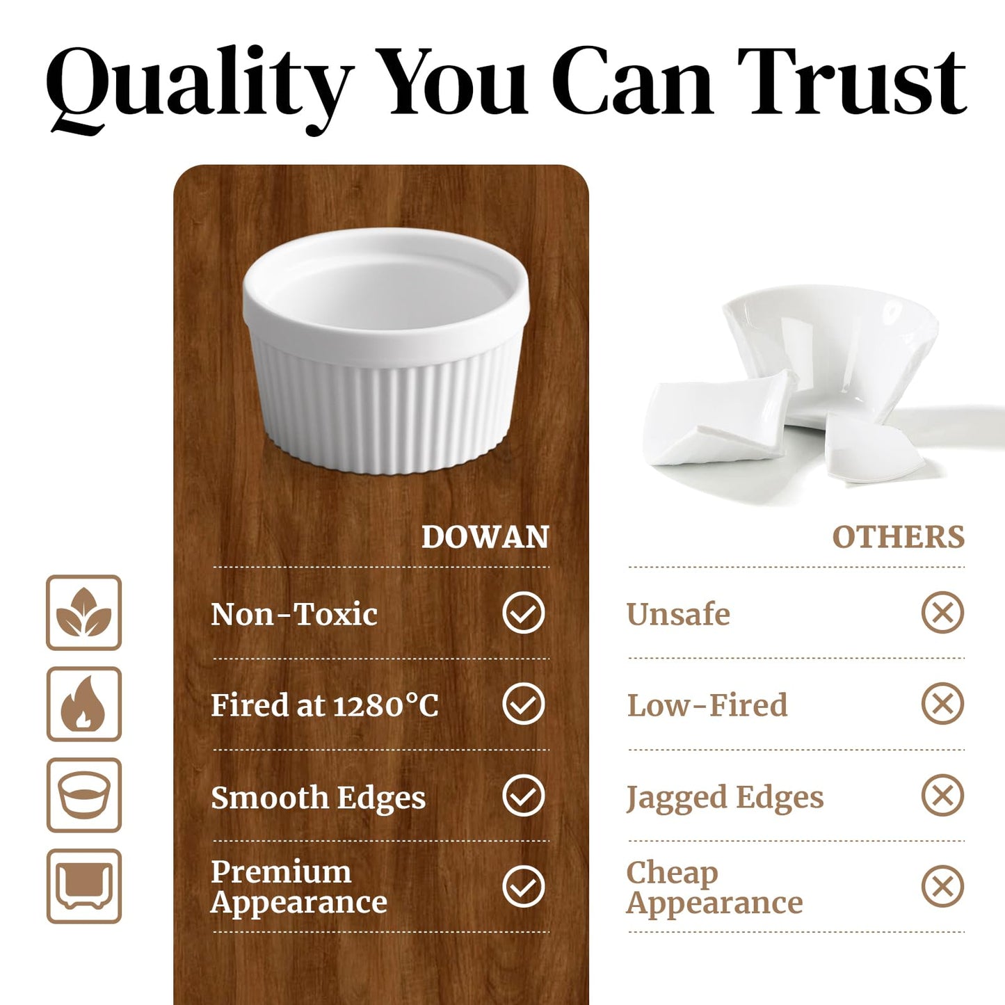 DOWAN Ramekins 6 oz Ceramic Ramekins Set of 6, Oven Safe Souffle Dishes for Air Fryer Baking, Mini Round Baking Cups for Creme Brulee, Dipping Sauces, Desserts and Prep Bowls, White