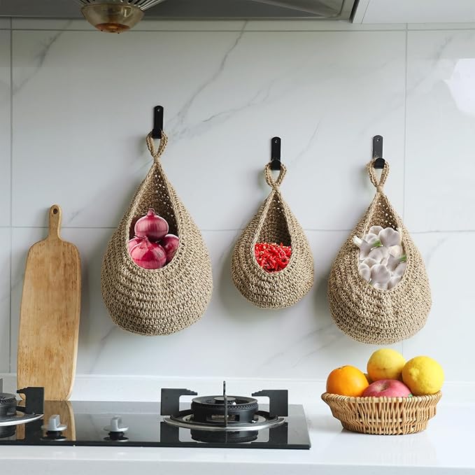 Hanging Fruit Large Basket Set of 3, Boho Wall Hanging Storage Basket