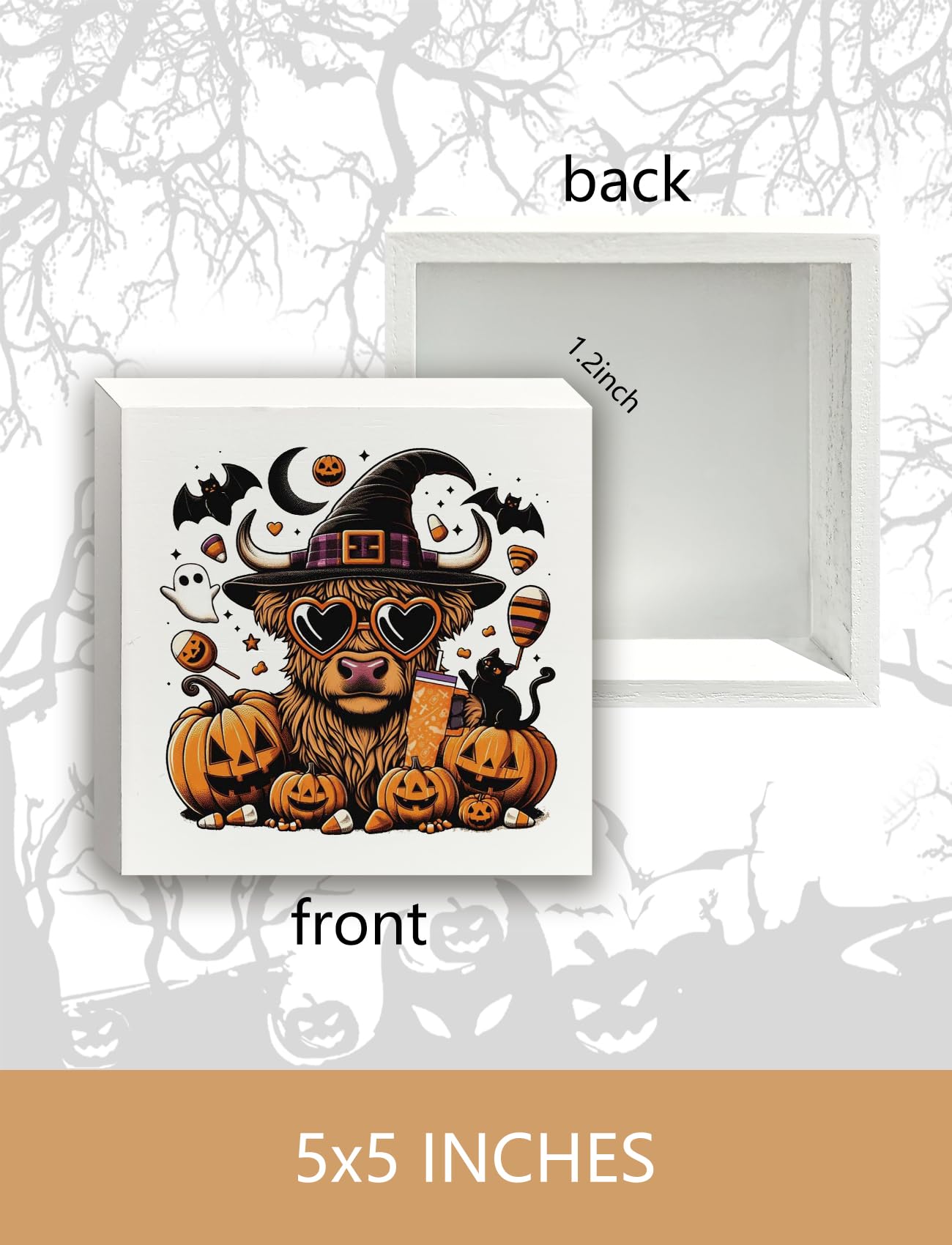 Foritho Funny Halloween Witch Highland Cow Wooden Box Sign Plaque, Halloween Wood Signs for Home Office Desk Shelf Table Decor, Witchy Halloween Decor, Halloween Decorative Signage,5x5 Inch