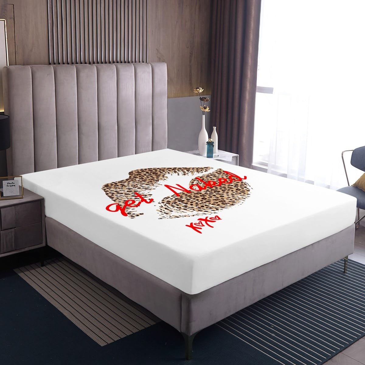 Funny Get Naked Fitted Sheet & Pillow Sham Set for Girls Lady Women Leopard Pattern Lips Bedding Set Lover Romantic Bed Sheet Set Room Decor White Red Brown Kiss Bed Cover No Flat Sheet Full Size