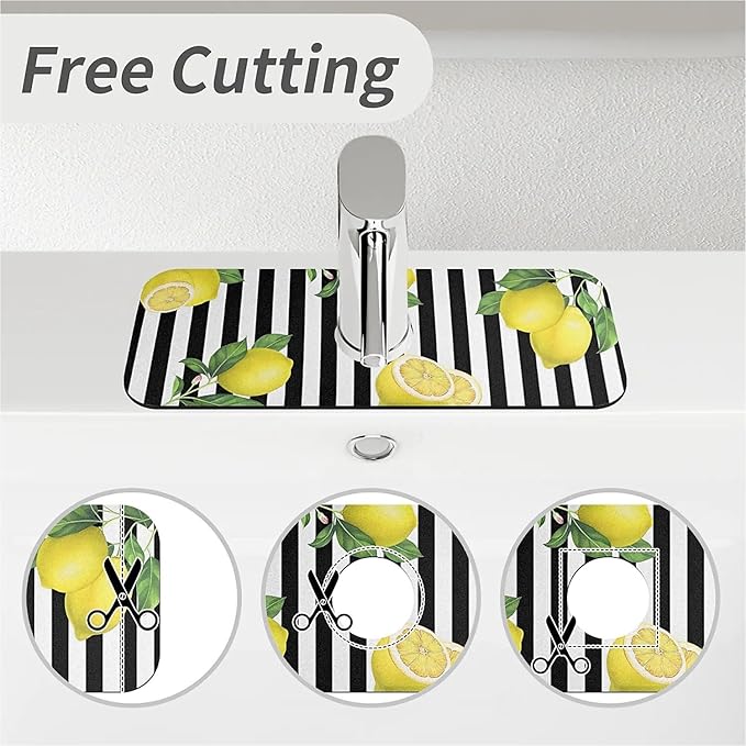 Kitchen Sink Splash Guard，Lemon-and stripes Faucet Mat Sink Gadgets-Super