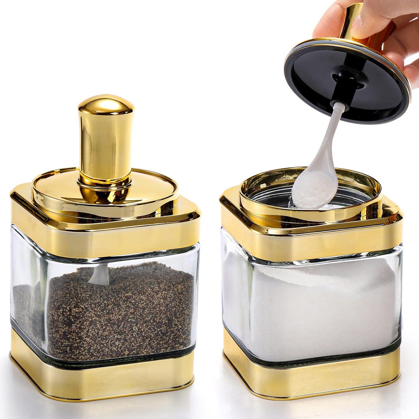 Mezchi 2 Pack Glass Condiment Pot, 12 Ounce Gold Spice Jars with Spoon, Seasoning Box Set Salt Container, Sugar Dispense, Kitchen Containers for Flour and Sugar