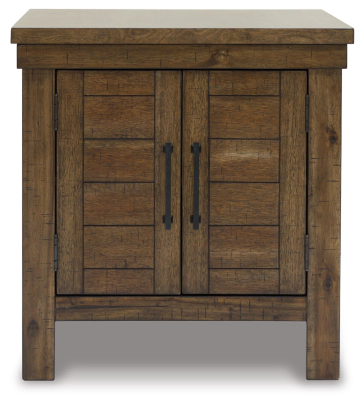 Signature Design by Ashley Moriville Rustic Farmhouse Rectangular End Table with Dual Cabinet Doors, Antique Bronze-Tone Hardware, Wood, 25" High, Brown