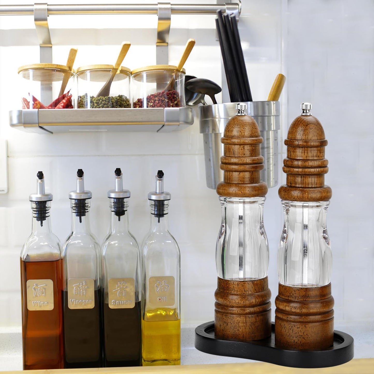 BINHAI Black Salt and Pepper Mill Tray, Pepper Grinder Wood Rest, Work Surface and Dining Table Protector (Pepper mill not included)