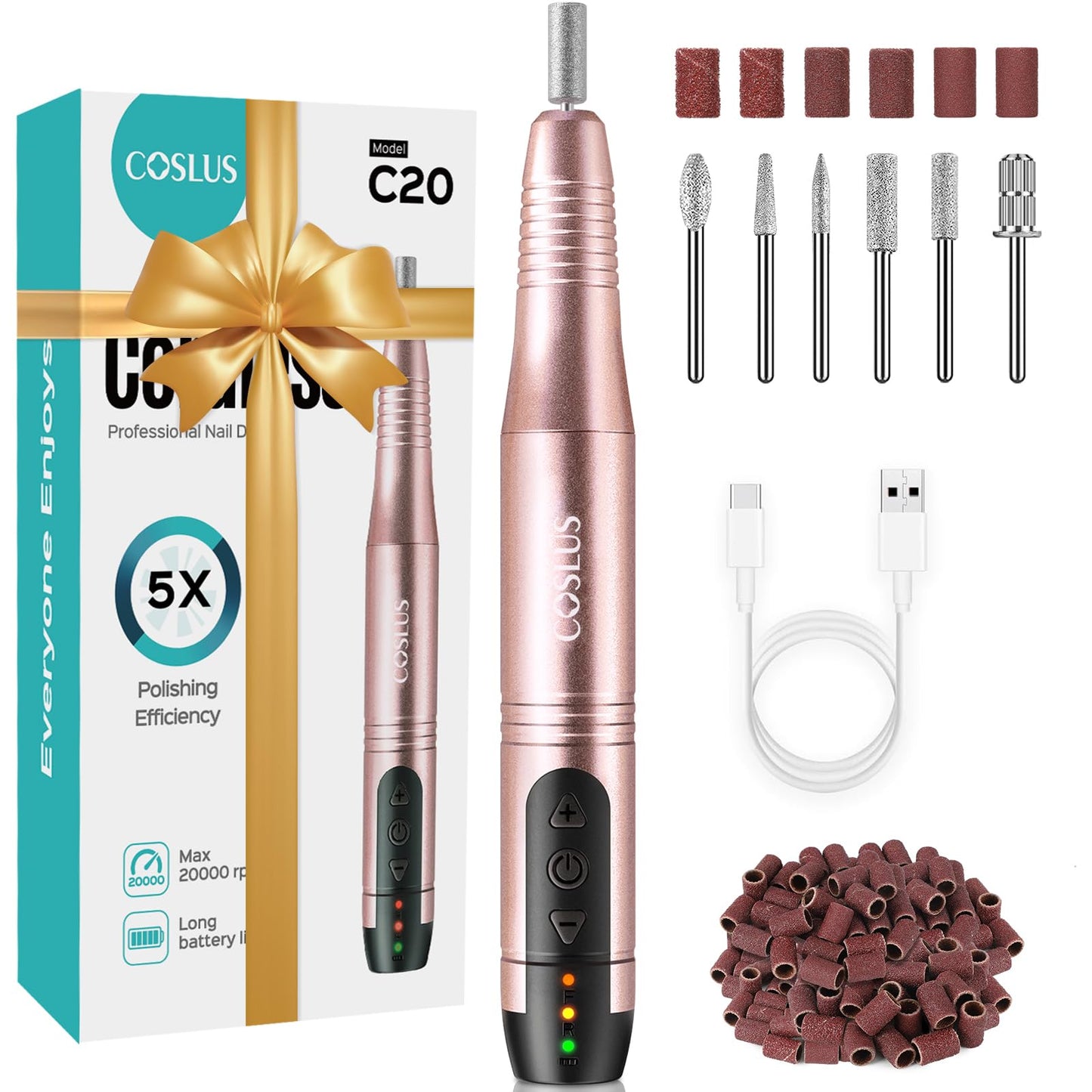 COSLUS Nail Drill Cordless Portable Electric Manicure and Pedicure Set, Professional Nail Files for Acrylic Gel Nails, 6 Nail Drill Bits, Cuticles Hard Skin, Adjustable Speed Rechargeable E File