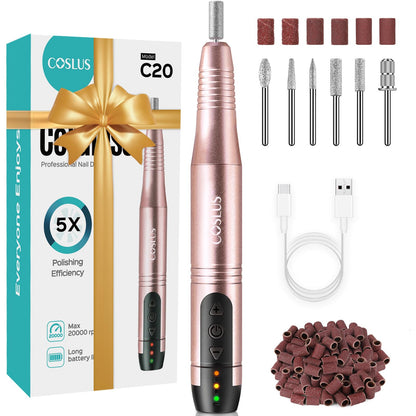 COSLUS Nail Drill Cordless Portable Electric Manicure and Pedicure Set, Professional Nail Files for Acrylic Gel Nails, 6 Nail Drill Bits, Cuticles Hard Skin, Adjustable Speed Rechargeable E File