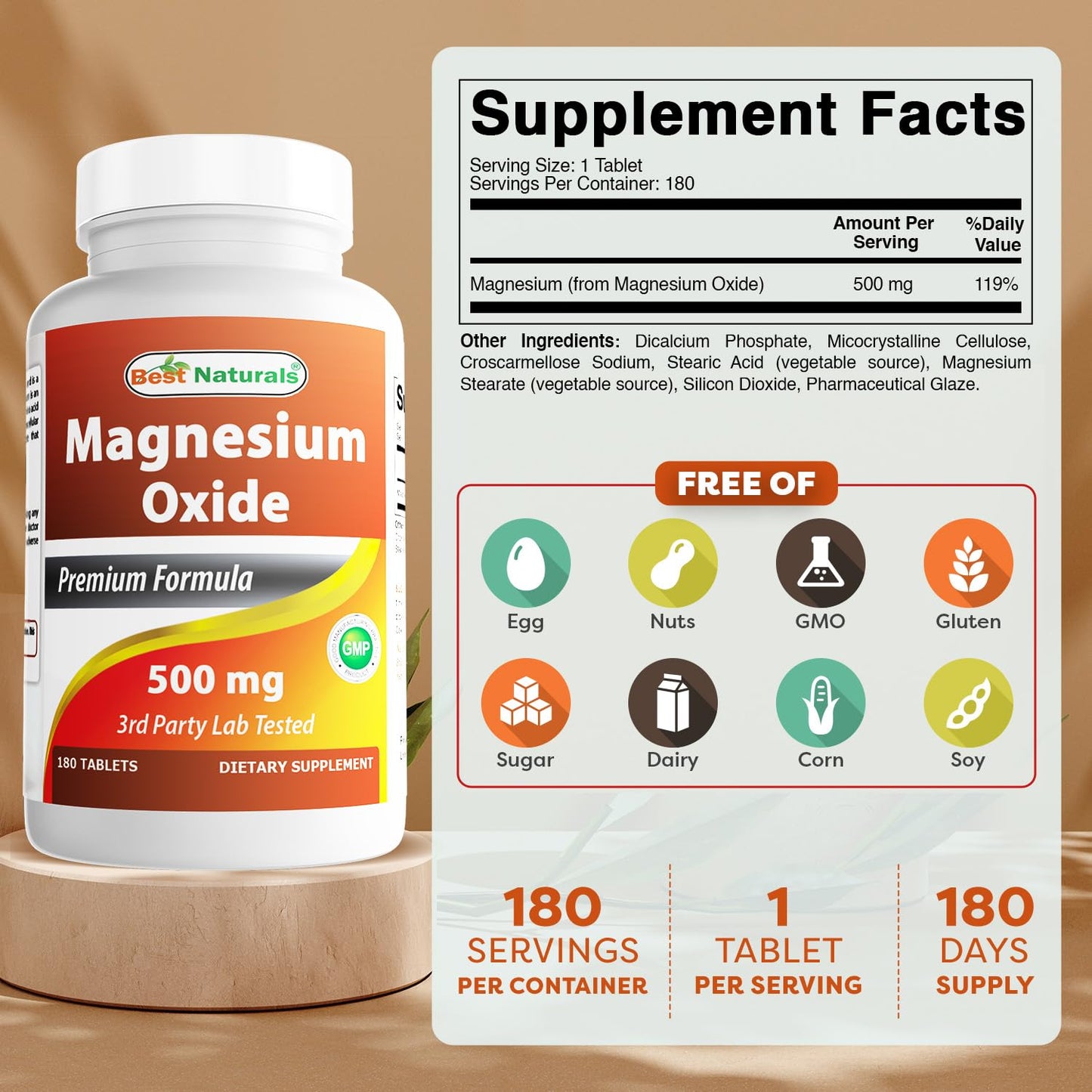 Best Naturals Magnesium Oxide 500 mg 180 Tablets