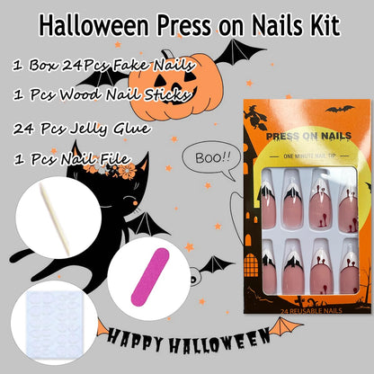 Halloween Bat Press on Nails Almond Shaped Halloween Fake Nails White French Tip Glue on Nails with Blood Design Horror Acrylic False Nails Full Cover Stick on Nail for Women DIY Halloween Nails 24Pcs